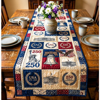 Patriotic Americana Quilted Table Runner for America 250th Anniversary Dining Room Decor
